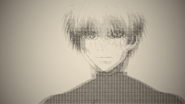 A portrait rendered as an ink-on-cream grid of typeset Unicode glyphs by Glyph Grid Studio.
