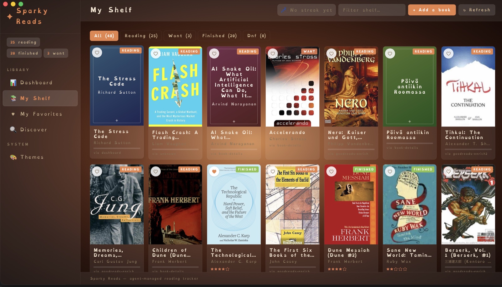 Sparky Reads app — the My Shelf view: a grid of book covers across Reading, Want and Finished shelves, with a left sidebar (Dashboard, My Shelf, Favorites, Discover, Themes) on a warm brown gradient