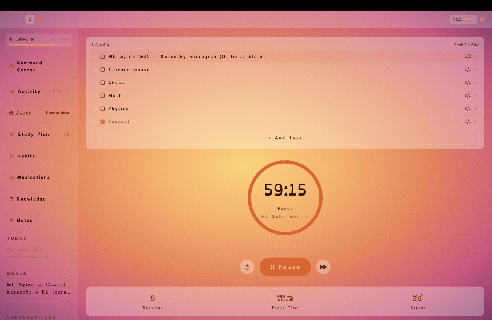Sparky knowledge-OS app on macOS — the Command Center with a task list, a 59:15 focus timer, and a left sidebar (Knowledge, Notes, Habits, Medications) over a warm sunset gradient