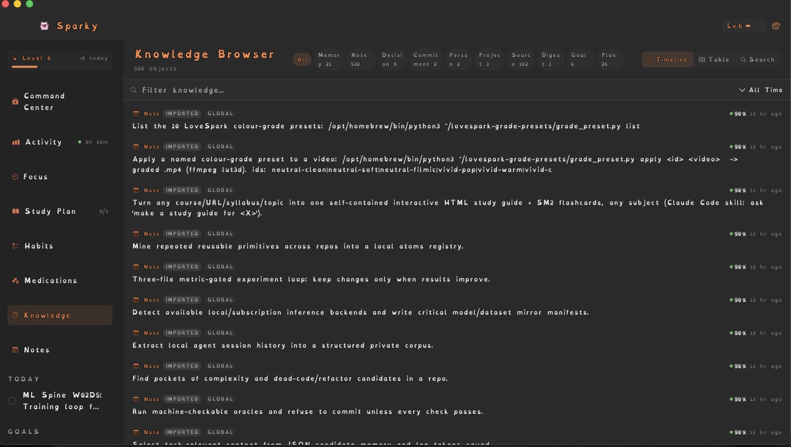 Sparky Knowledge Browser on macOS — a timeline of typed knowledge objects (notes, memories, decisions, sources) with type tabs (Memory, Note, Decision, Source, Goal, Plan), filter and search, a left sidebar, on a dark theme