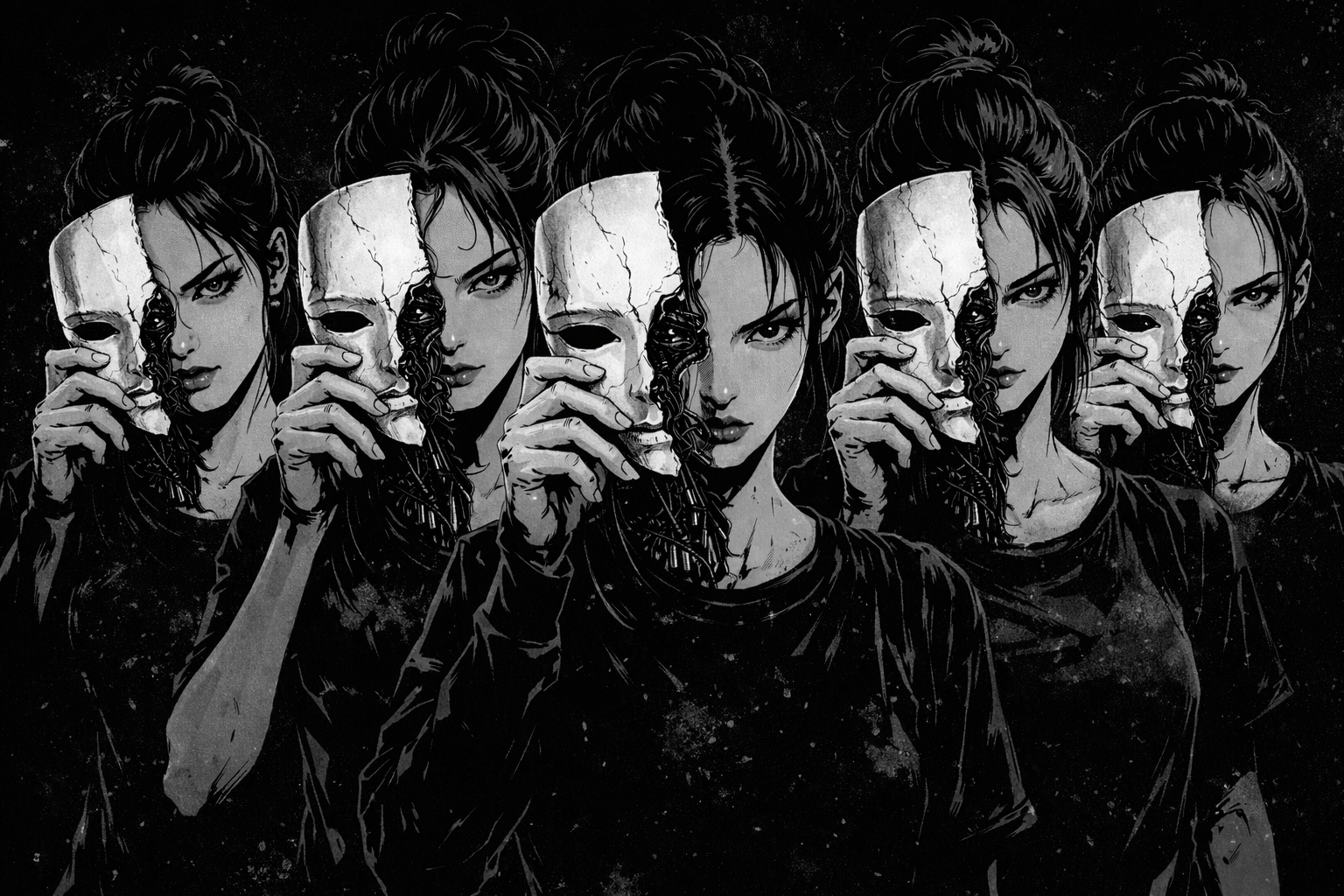 Zarathustra My Love — figures holding cracked masks revealing mechanical faces beneath